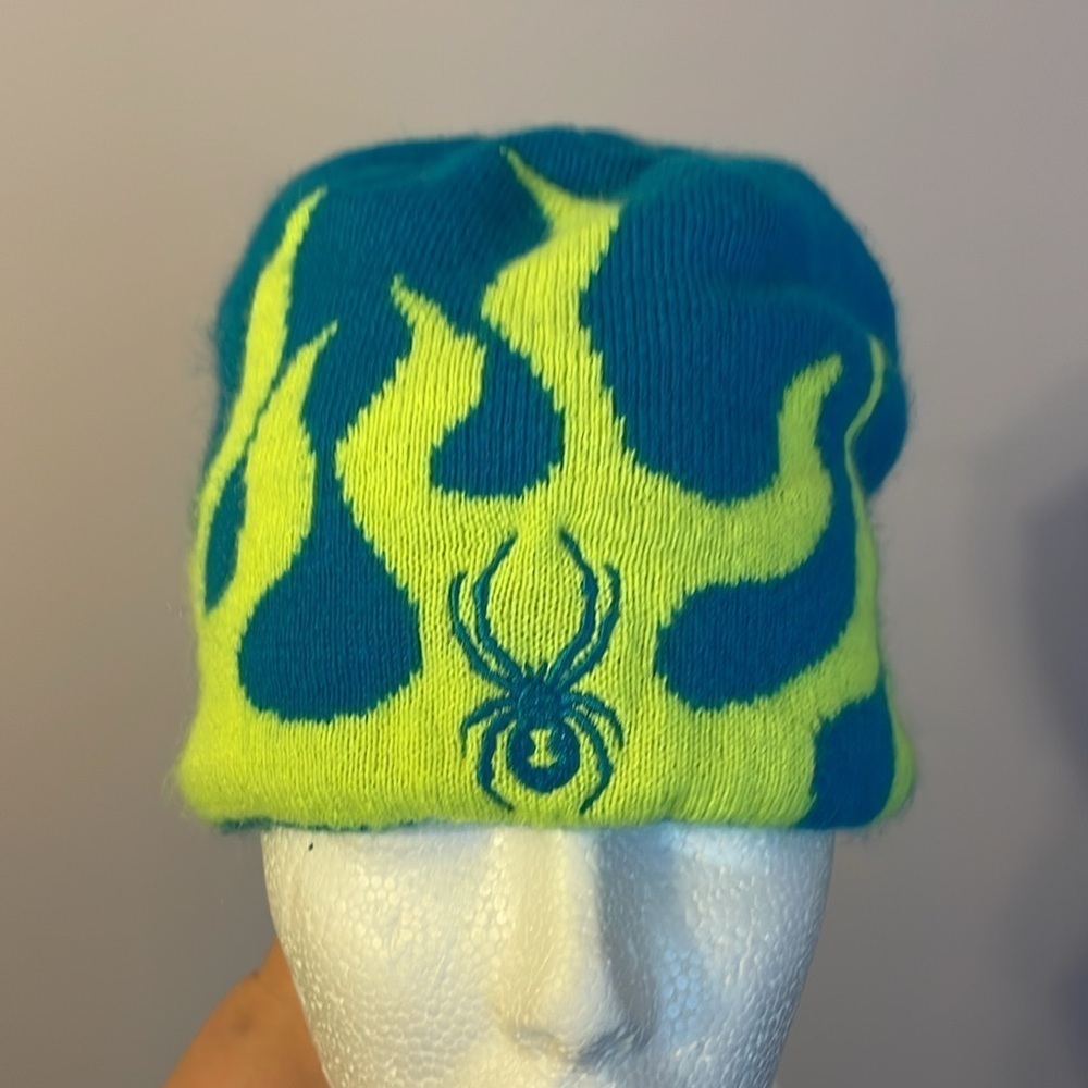 Spyder Kids size 8-20 Flames Teal Neon Yellow Fleece Lined Knit Beanie Hat Cap